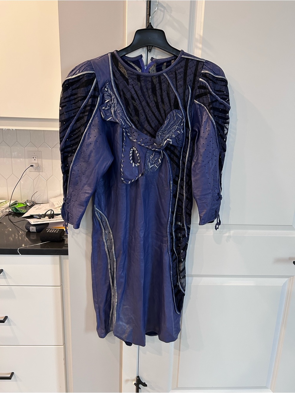 Vintage KM International 80s Purple Leather Mixed-Media Dress Artsy Eclectic